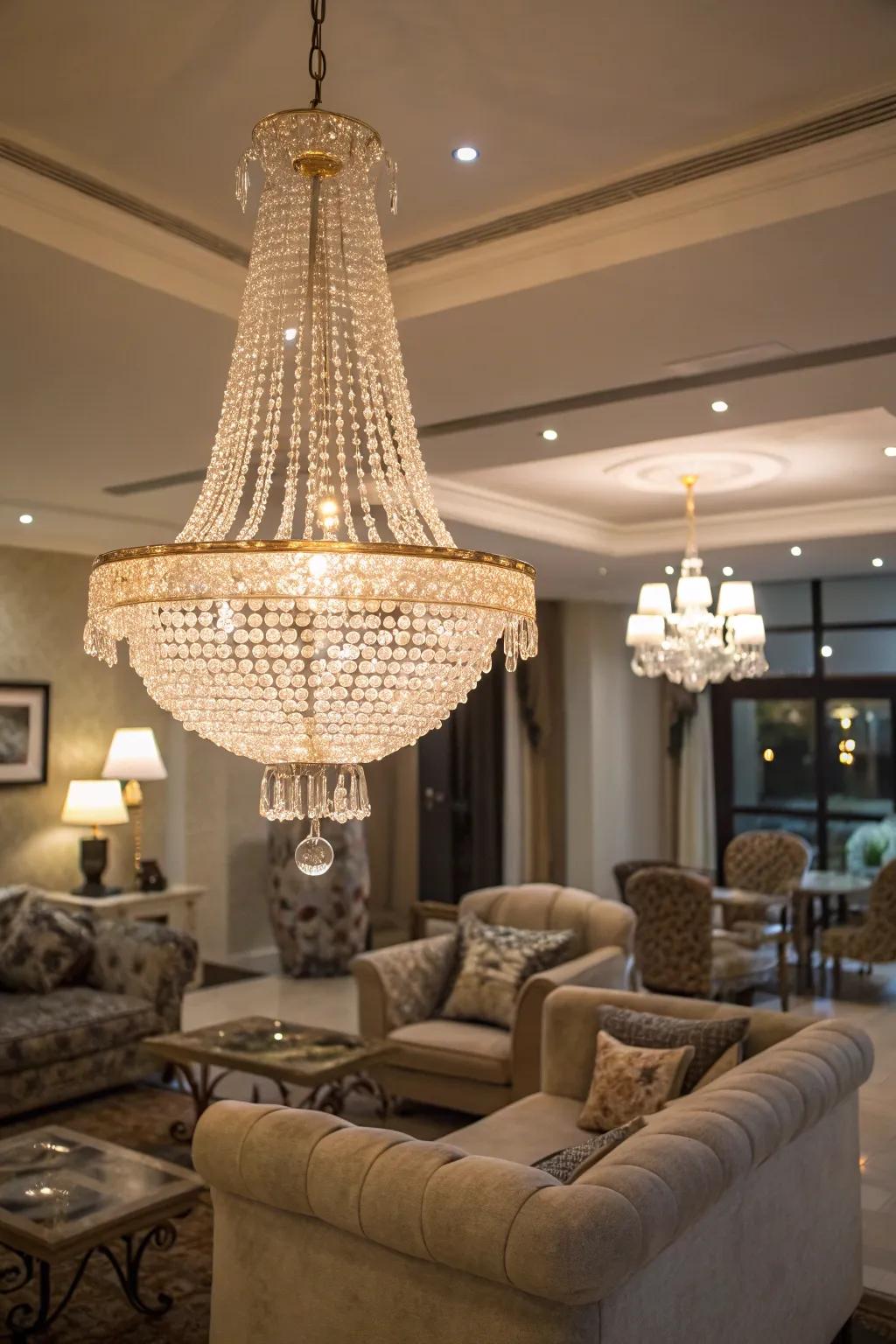 A living room illuminated by an exquisite crystal chandelier.