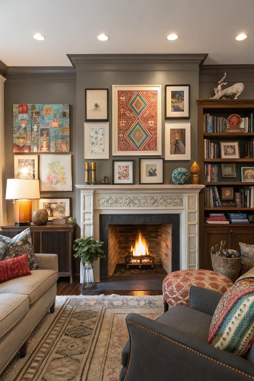 An eclectic living room with a fireplace highlighted by art and decor above the mantel.