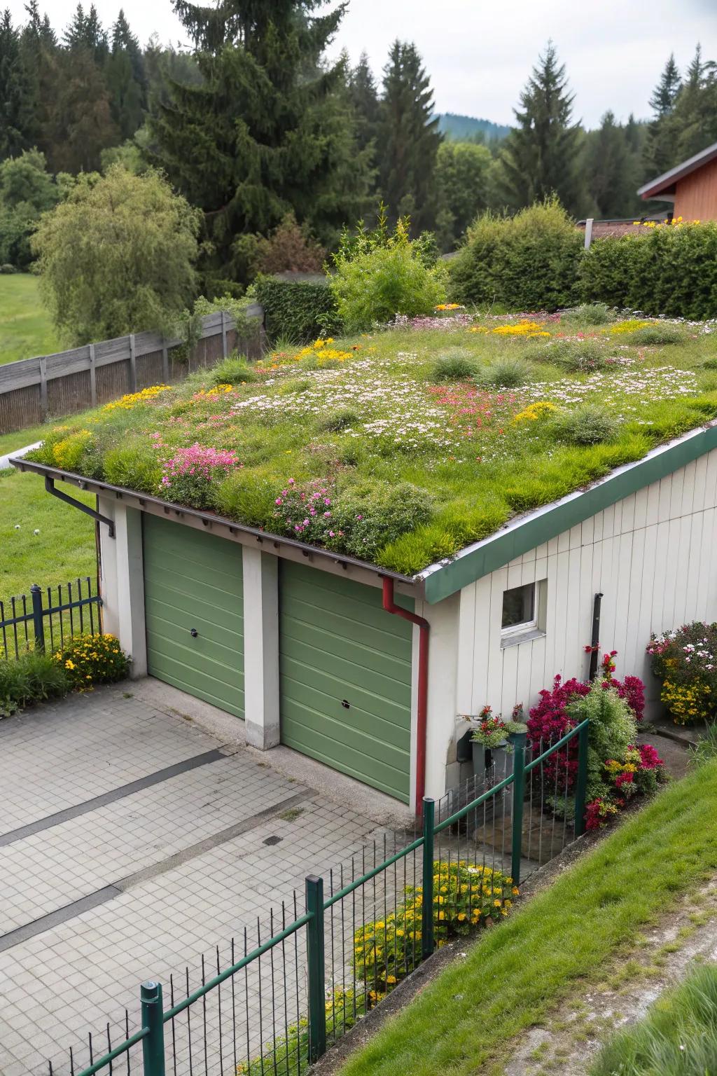 A green roof on a flat roof garage enhances sustainability and aesthetics.