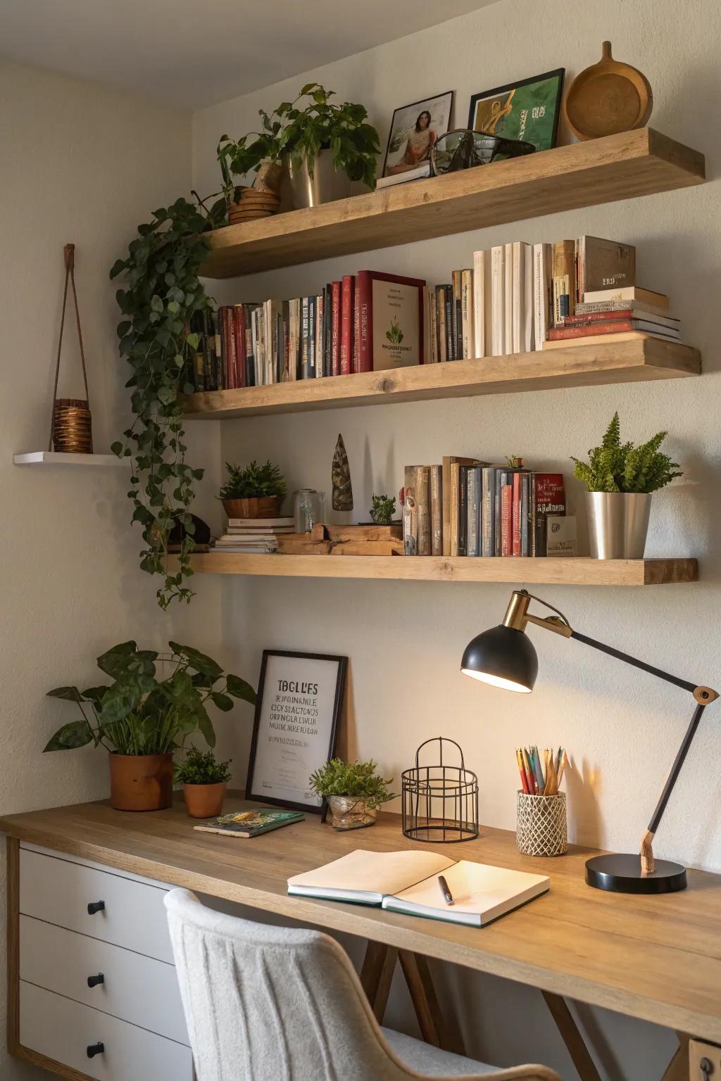 Layered floating shelves add depth and elegance to your workspace.