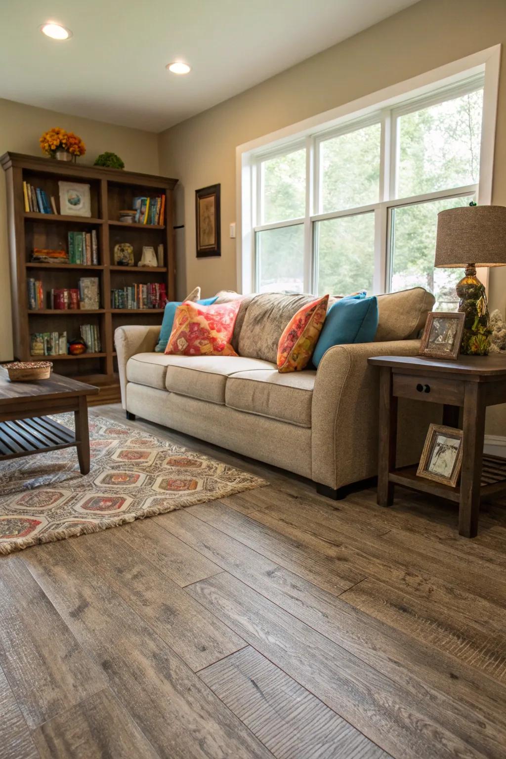 Textured laminate flooring offers style and affordability.