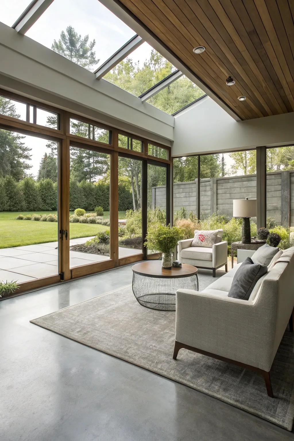 Industrial chic sunroom with concrete flooring.