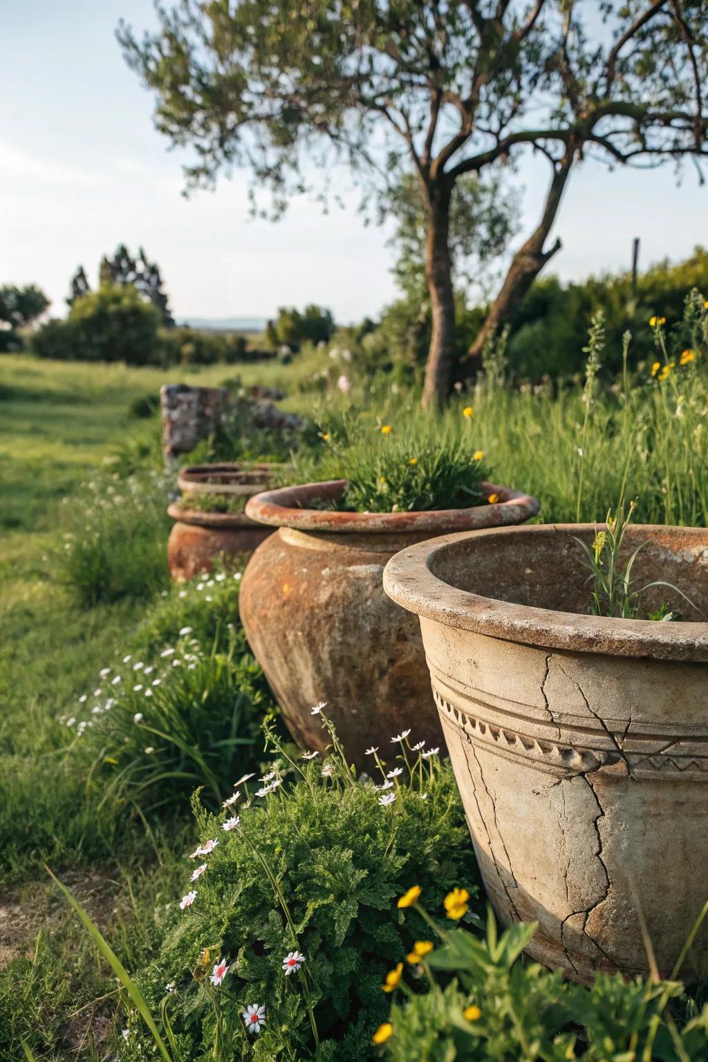 Rustic flower pots that blend harmoniously with nature.