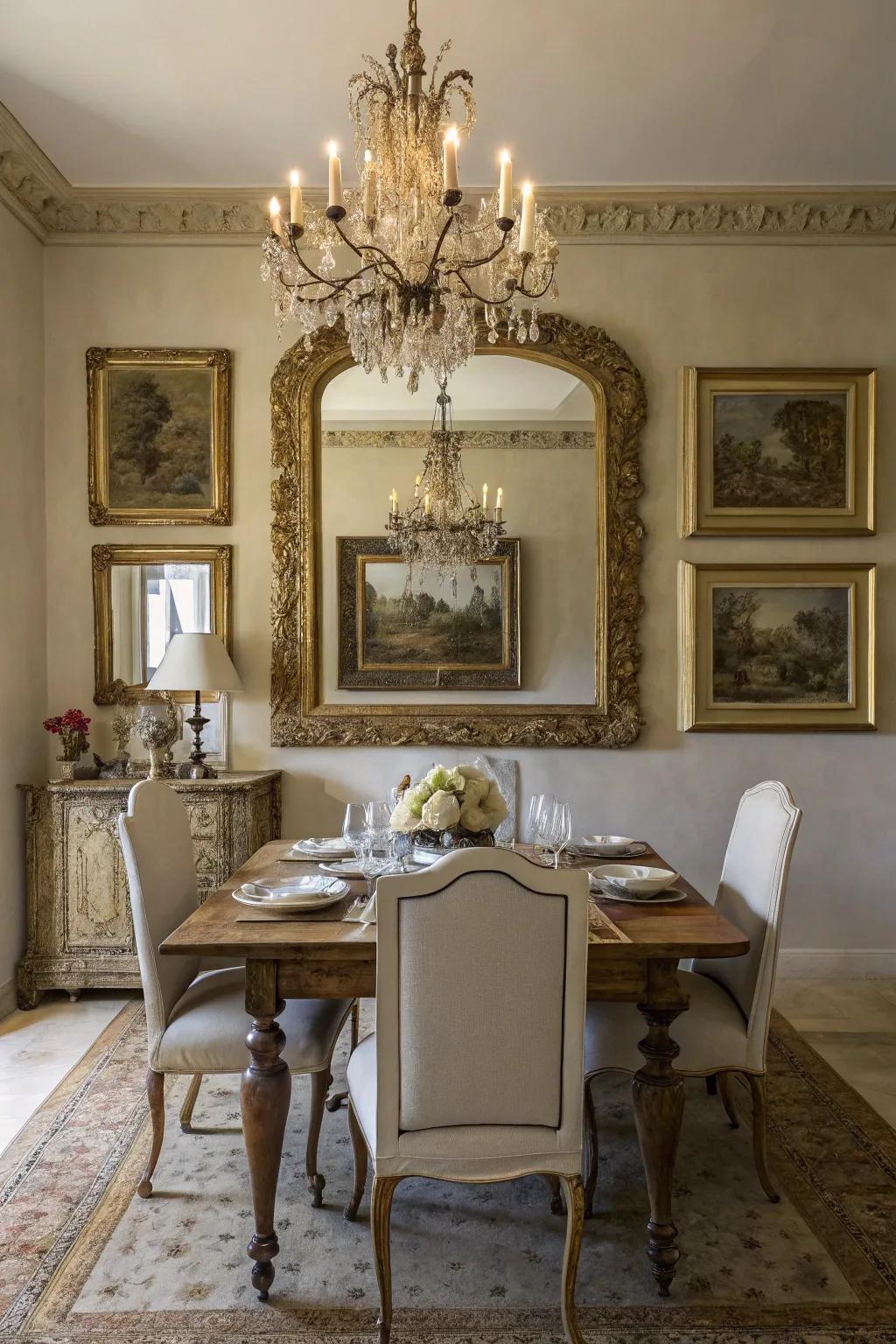 Mirrors and artwork add depth and elegance to the space.