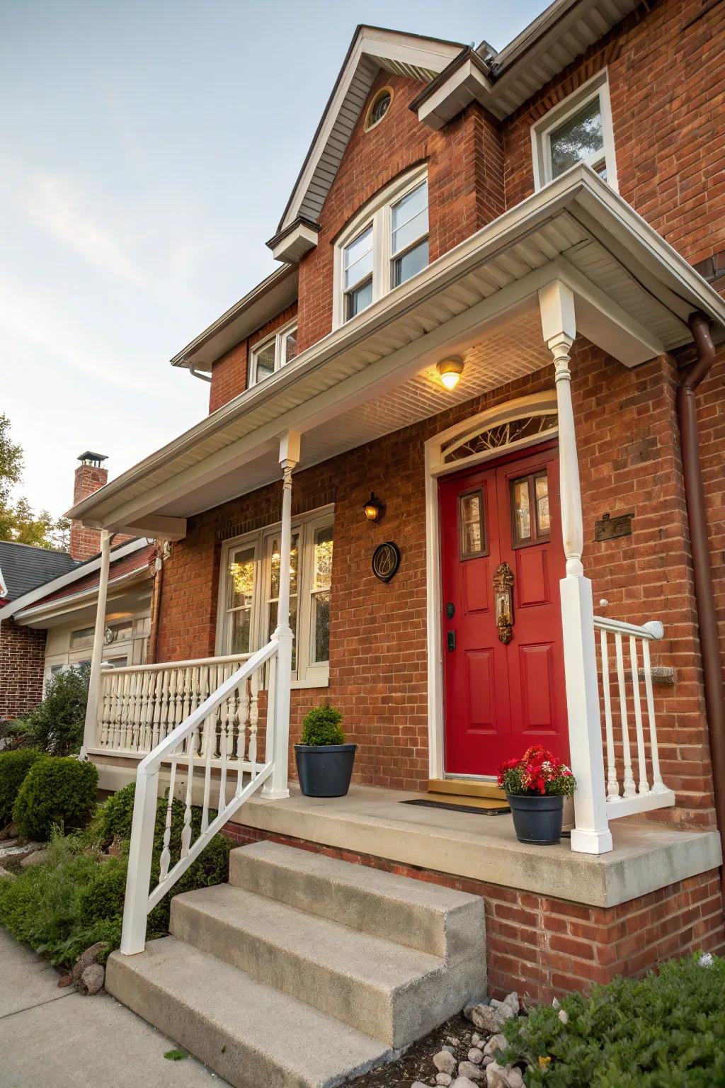 A bright red door stands out as a powerful statement piece.