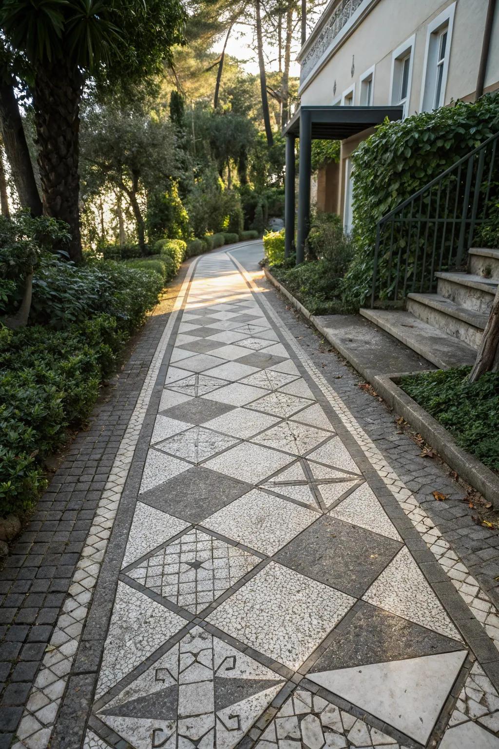 A stylish walkway with a striking geometric paver design.