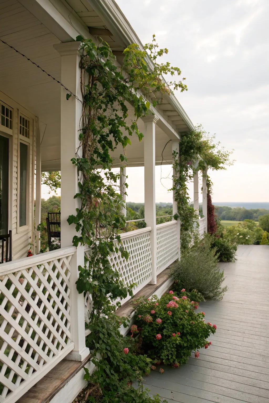 Lattice panels providing partial shade and aesthetic appeal.