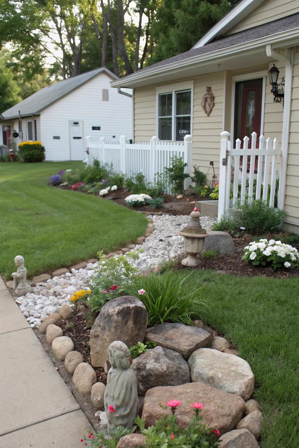 Garden accents like stones add a touch of elegance and interest.