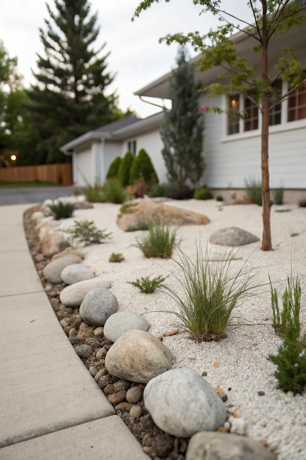 A minimalist rock garden with sparse plantings, highlighting rocks and structure.