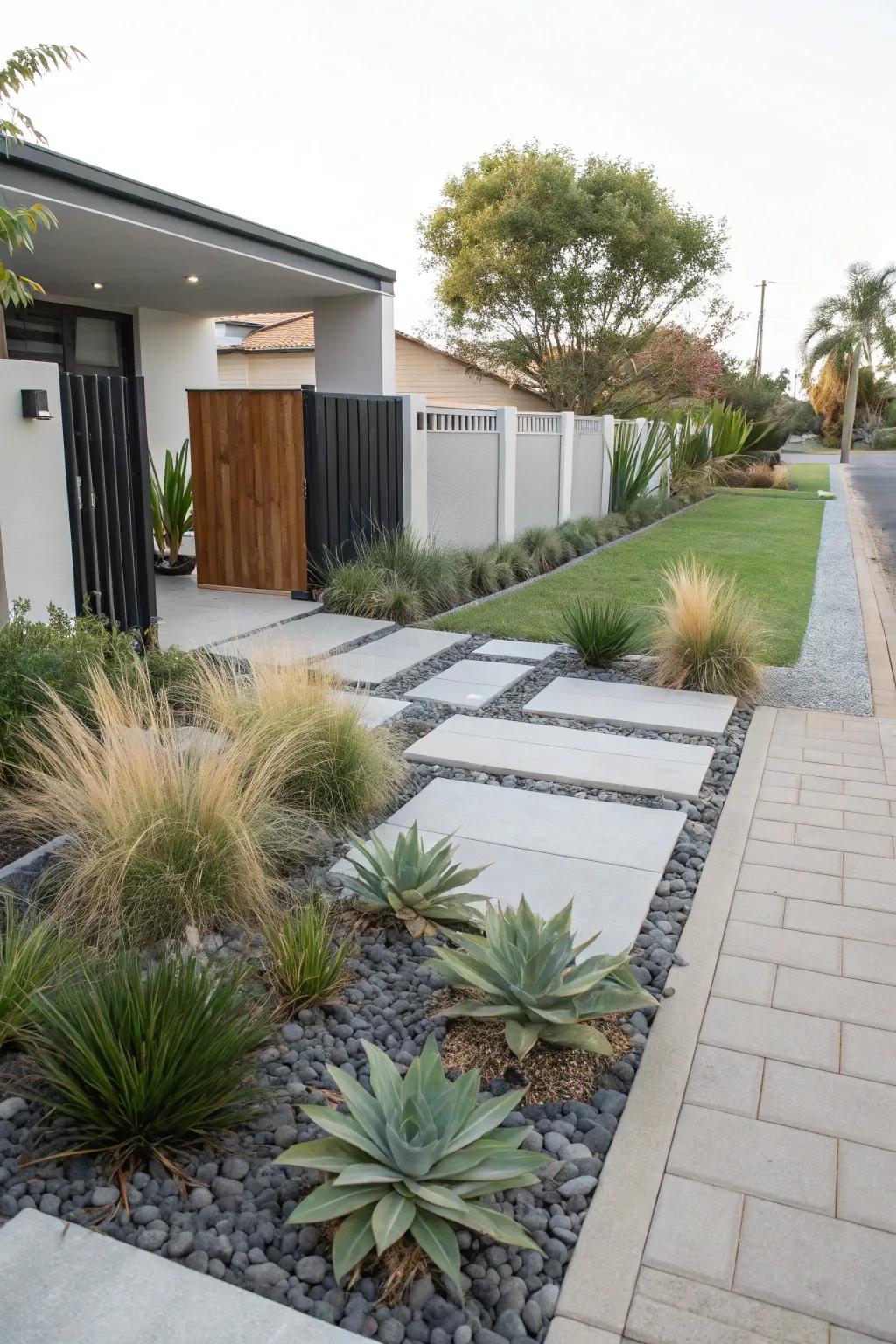 Minimalistic planting with succulents and grasses creates a clean and modern look.