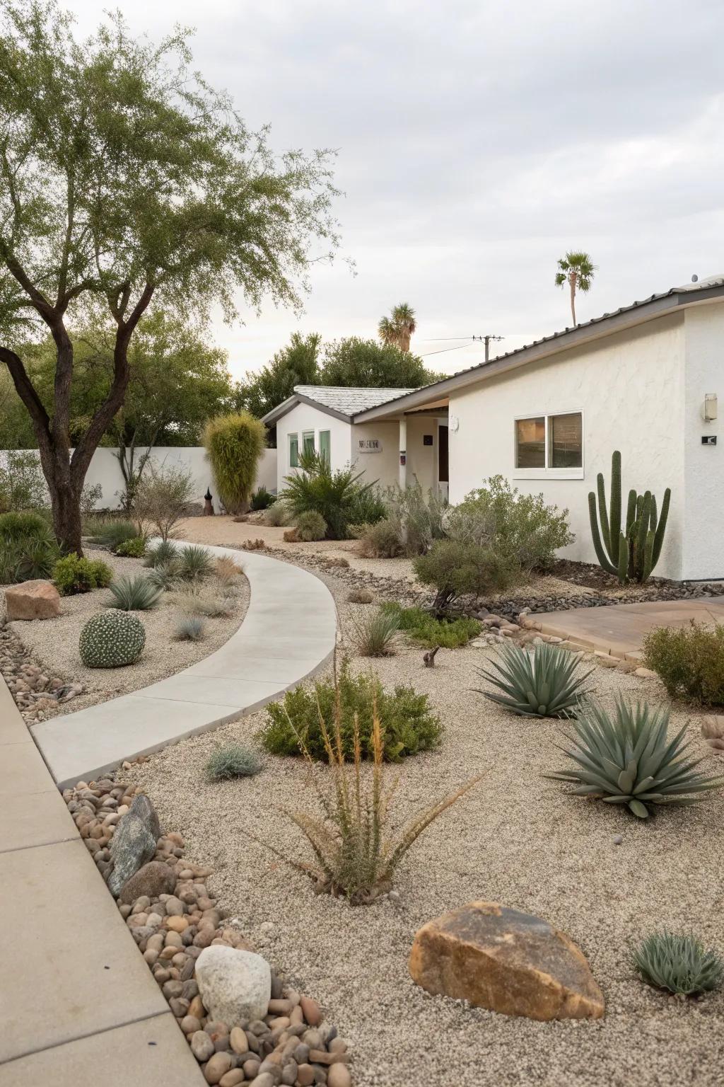 Minimalist design in xeriscaping emphasizes simplicity and serenity.