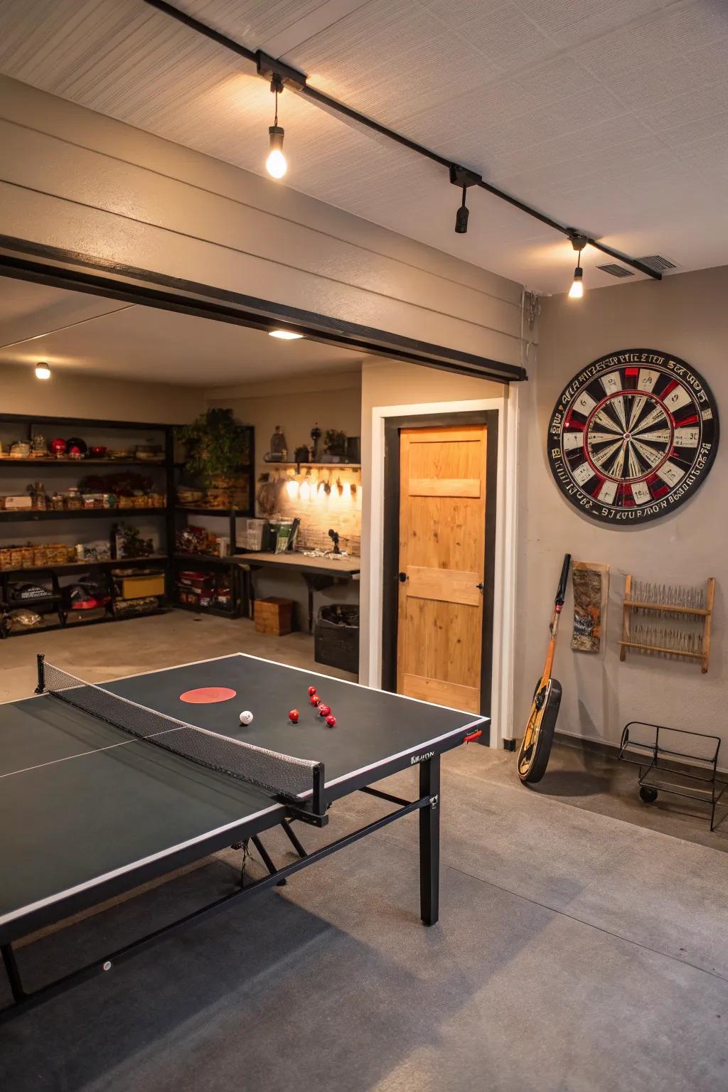 An entertainment haven in the garage with games and fun activities.