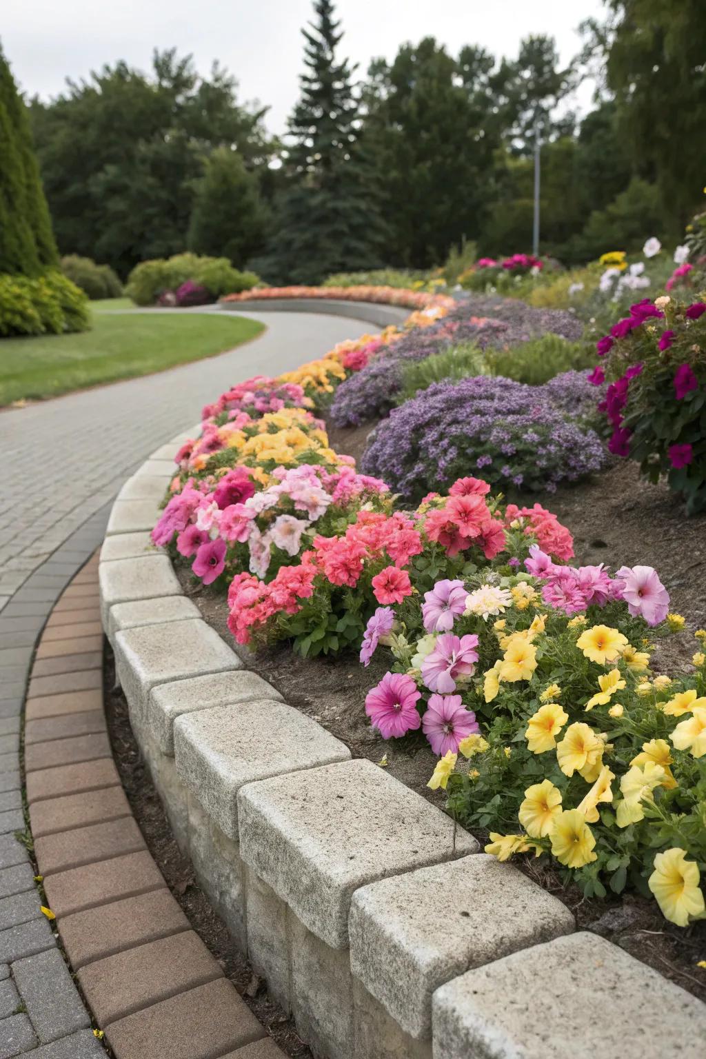 Patterned concrete edging provides a stylish and durable border.