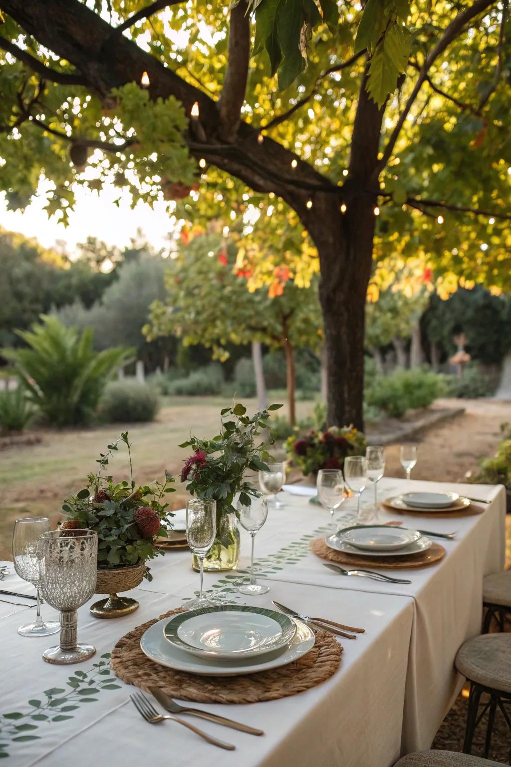 An inviting outdoor dining setup under tree shade.