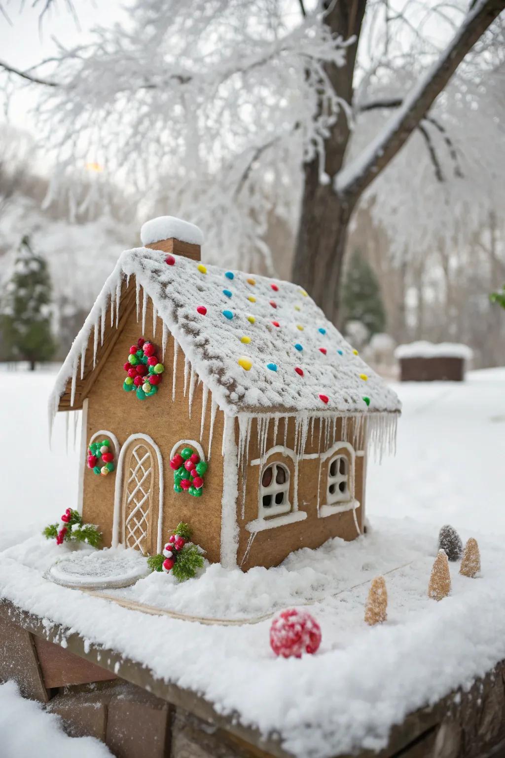 A gingerbread house with elegant icing icicles.