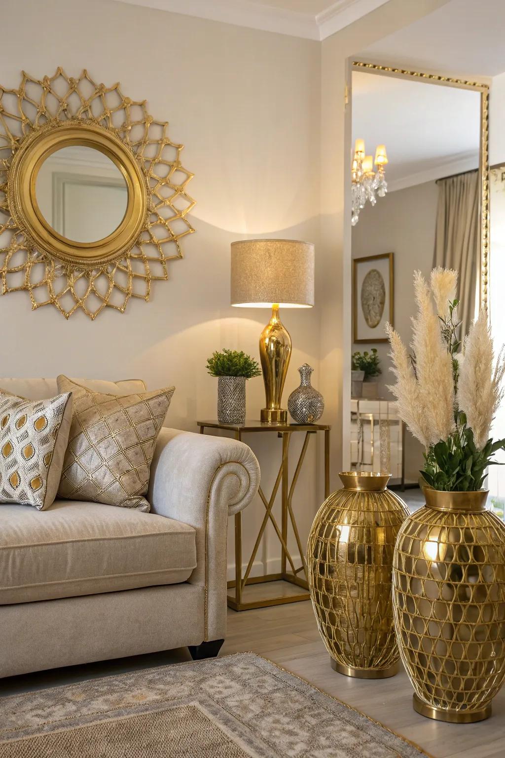 A chic living room enhanced with gold accents for added glamour.