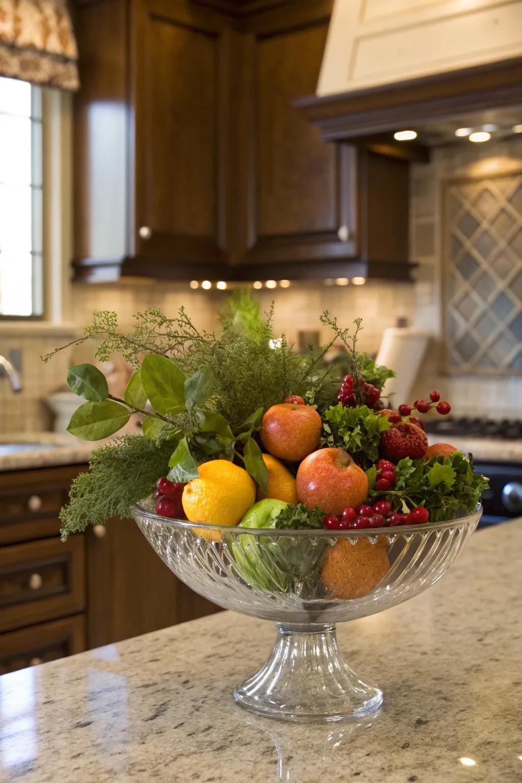 A vibrant combination of fruits and greenery in a glass bowl.