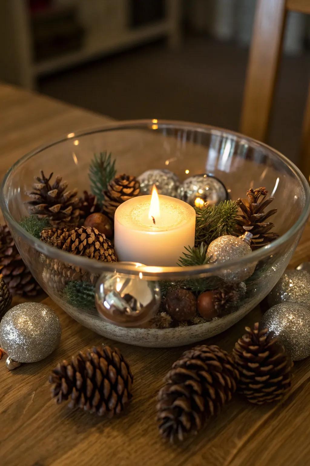 A candlelit glass bowl creates a warm holiday glow.