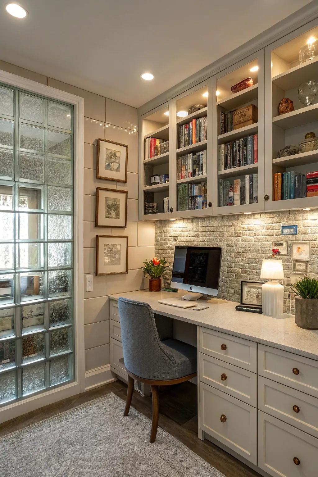 Glass tiles in shelving nooks add style and reflect light beautifully.