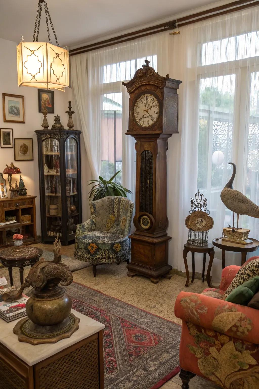 An eclectic arrangement with a grandfather clock adds personality to any room.