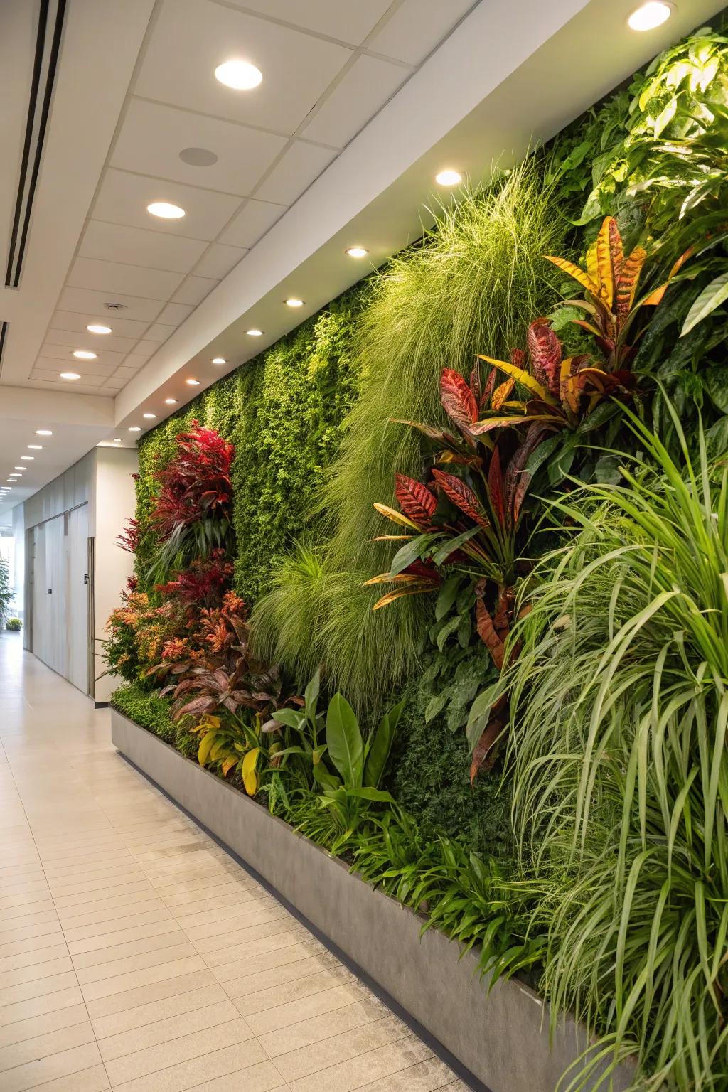 A mixed plant wall combines grass with various plants, creating a lush indoor garden.