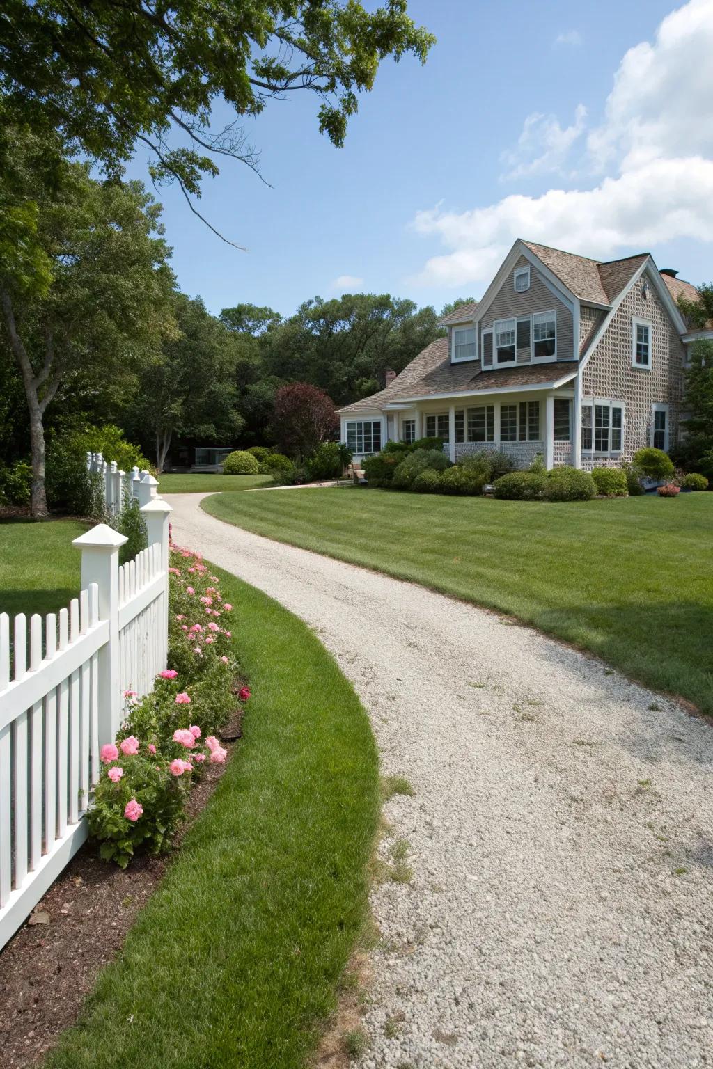 Mixed materials create a soft and natural driveway edge.