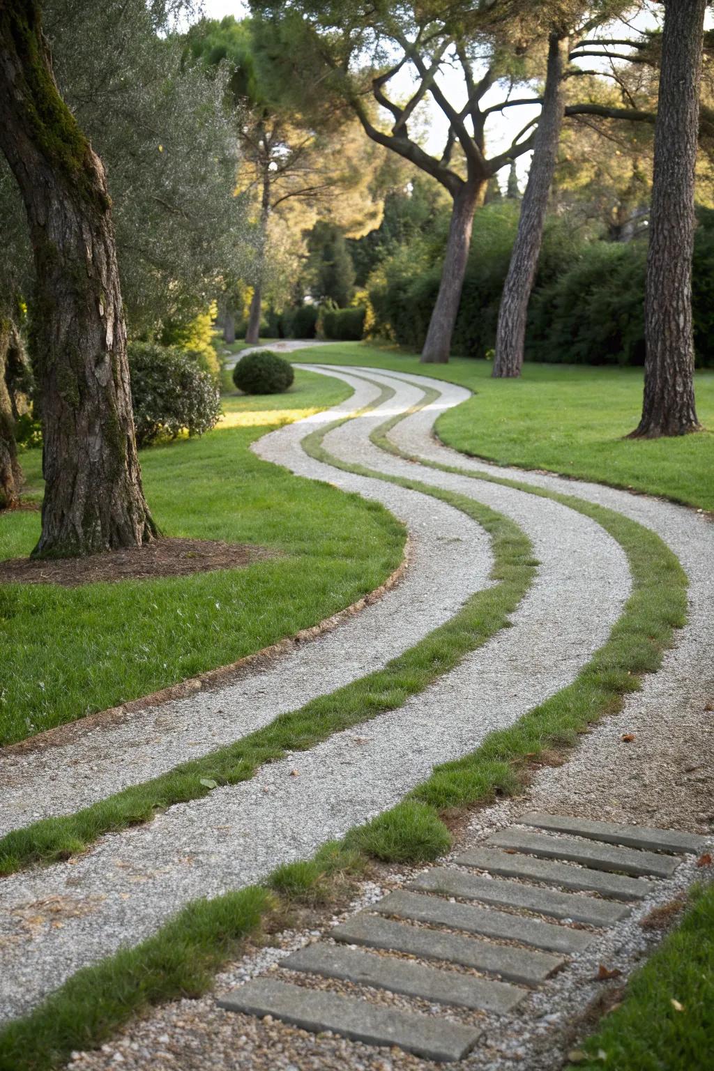 Grass strips provide a green and fresh touch to this gravel driveway.