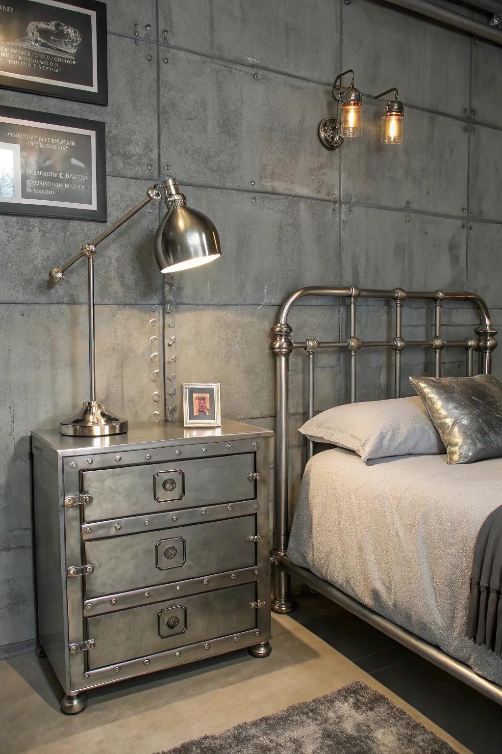 An industrial gray bedroom with sleek metallic accents.