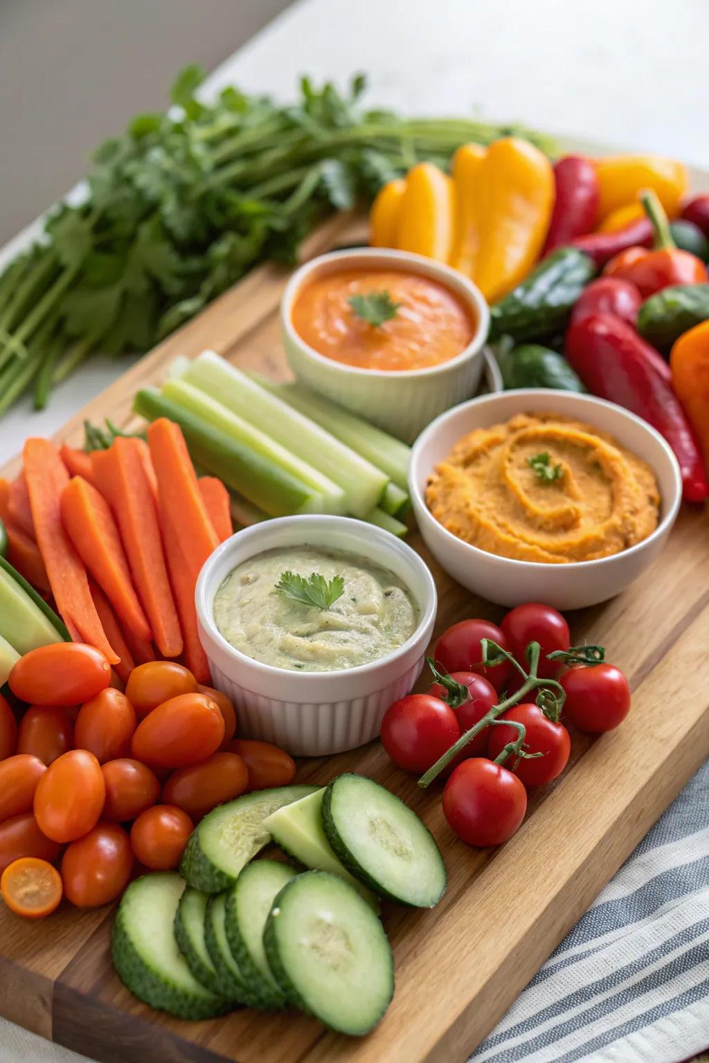 A fresh and healthy vegetable variety with delicious dips.