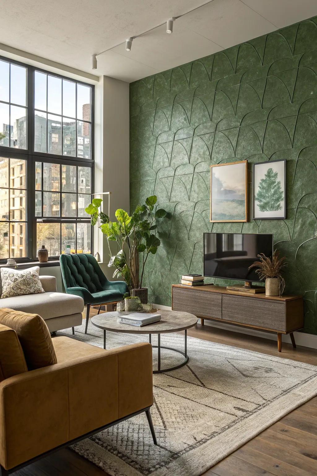 Textured green panels add depth and dimension to this room.