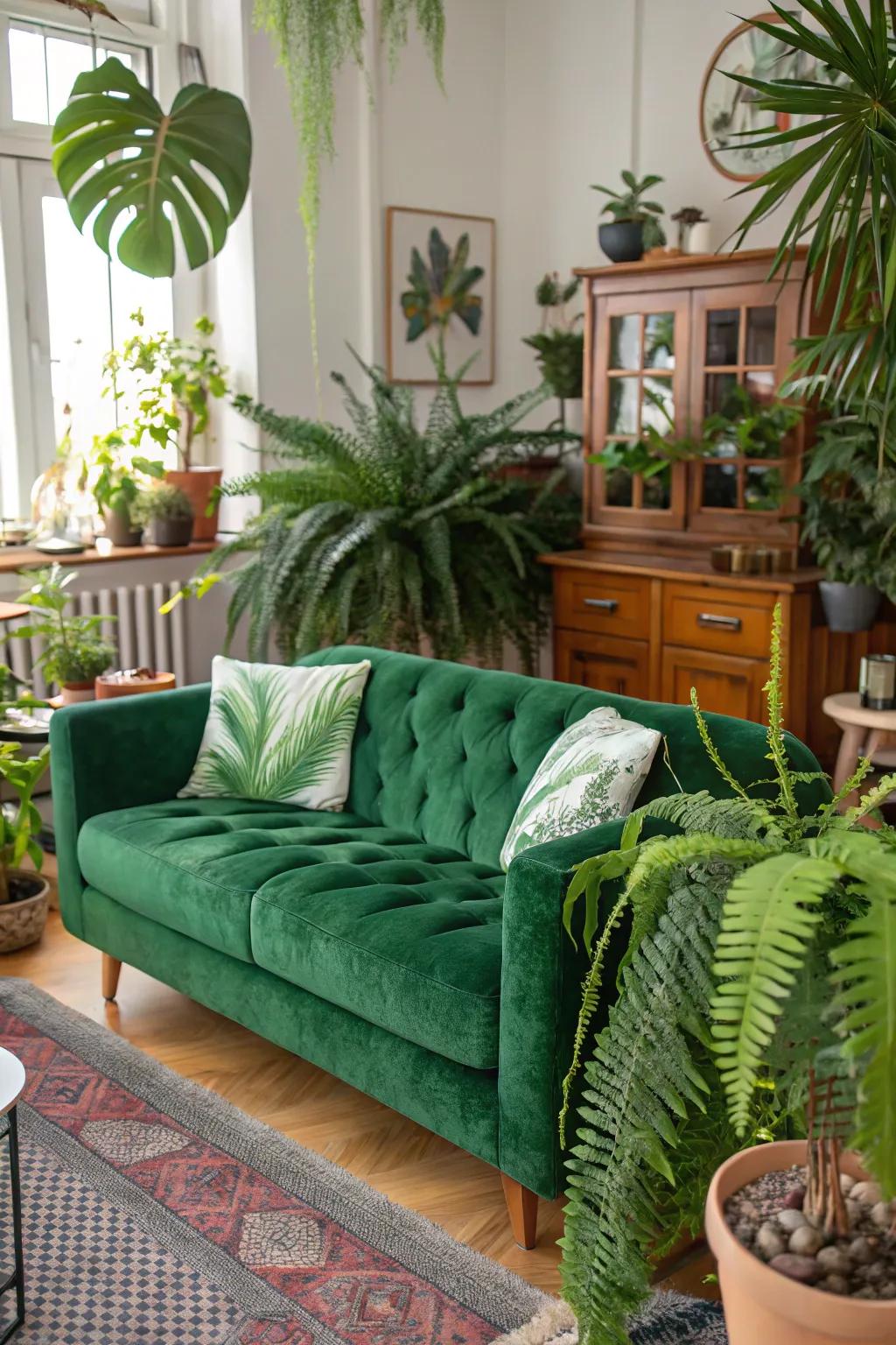 A vibrant living room with a green velvet couch and lush indoor plants.