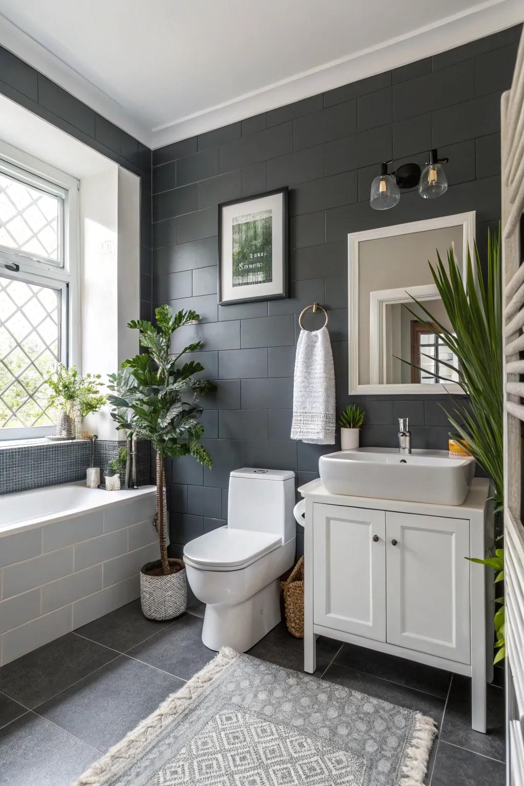 Deep slate grey walls exude luxury and sophistication in this modern bathroom.