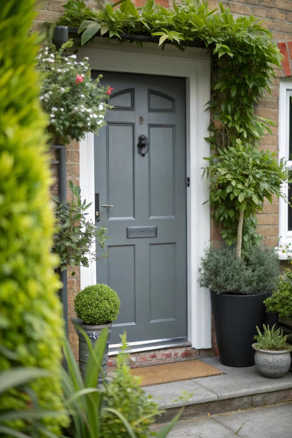 Greenery adds a lively contrast to this grey composite door.