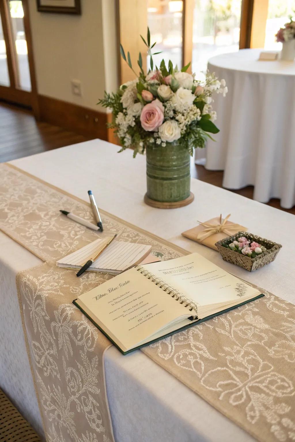 Decorative linens enhance the guest book table.