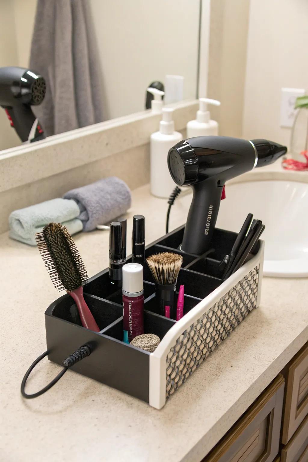 Compact counter units for organized and accessible styling tools.