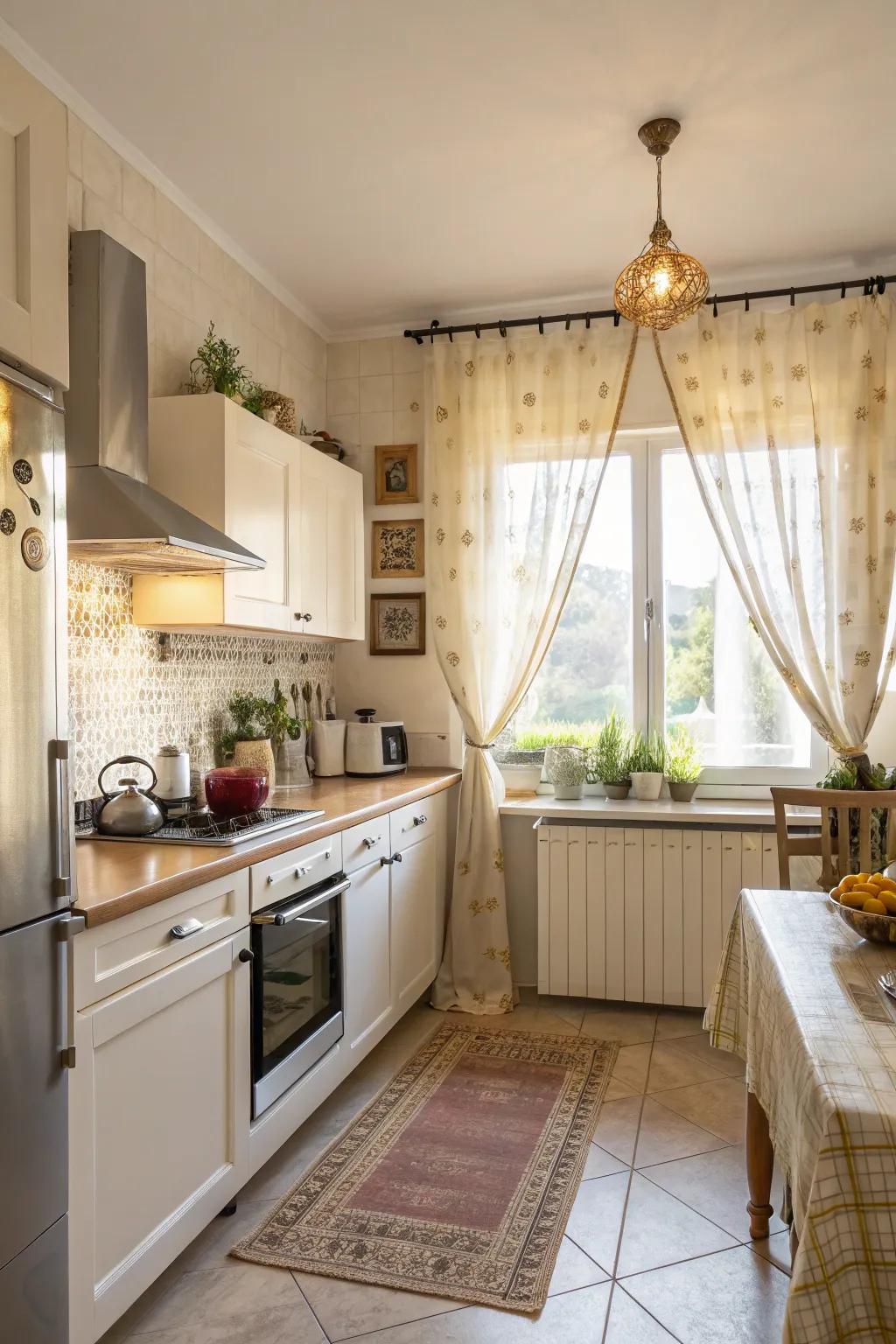 Bright kitchen with cafe-style curtains.