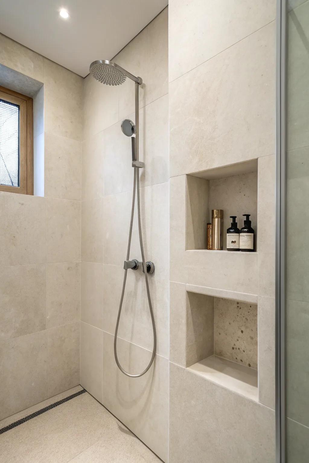 A wall niche provides a seamless look for your hand shower.