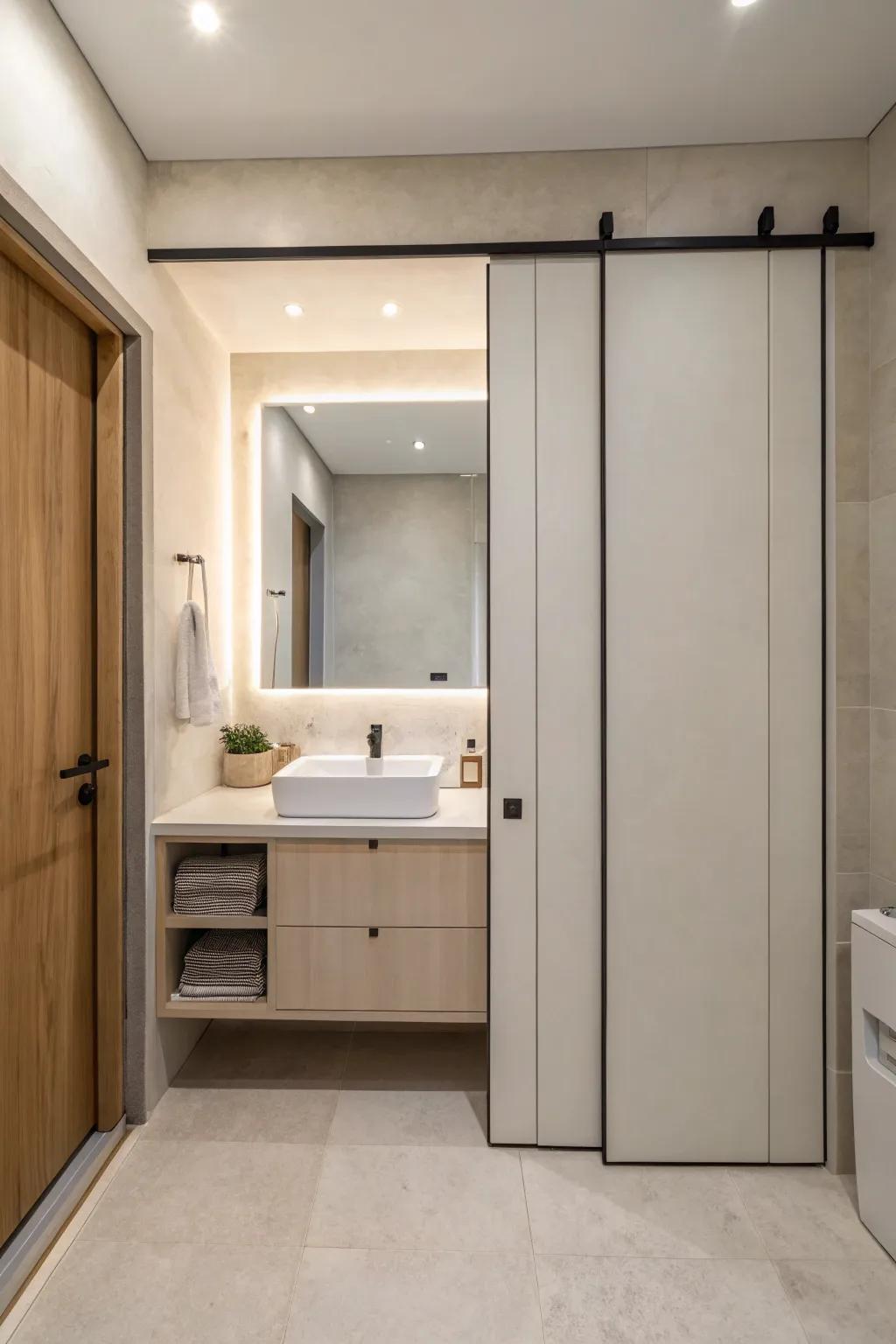 A sliding door revealing hidden storage in a minimalist bathroom.