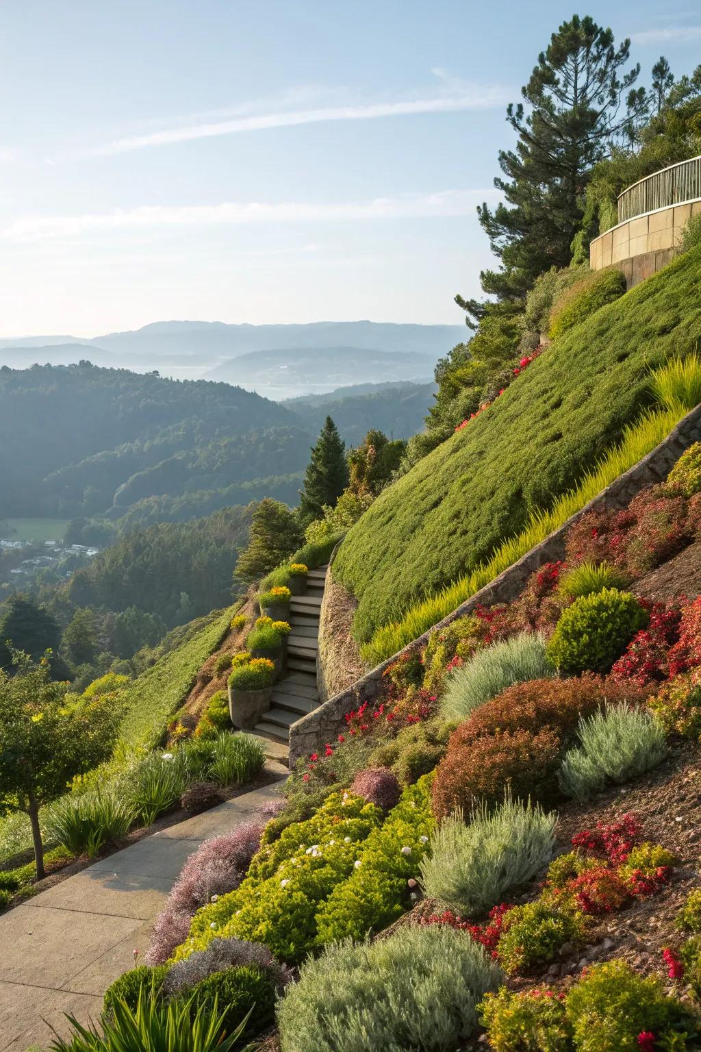 Layered planting adds depth and texture to a hillside garden.