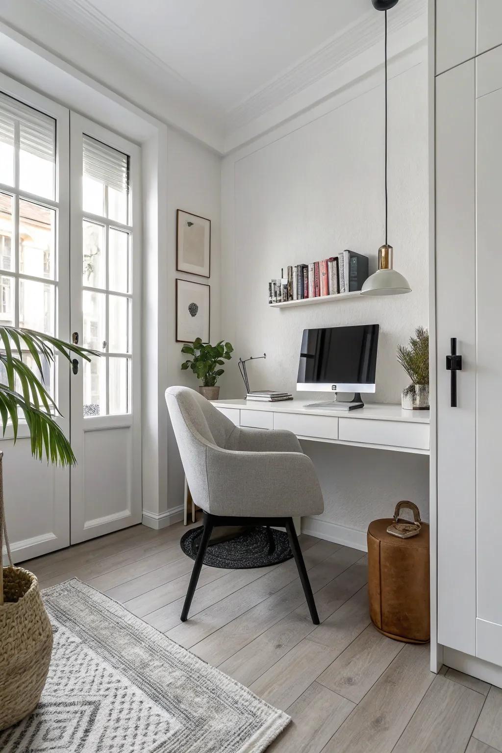 White walls create a clean and spacious feeling in this home office.