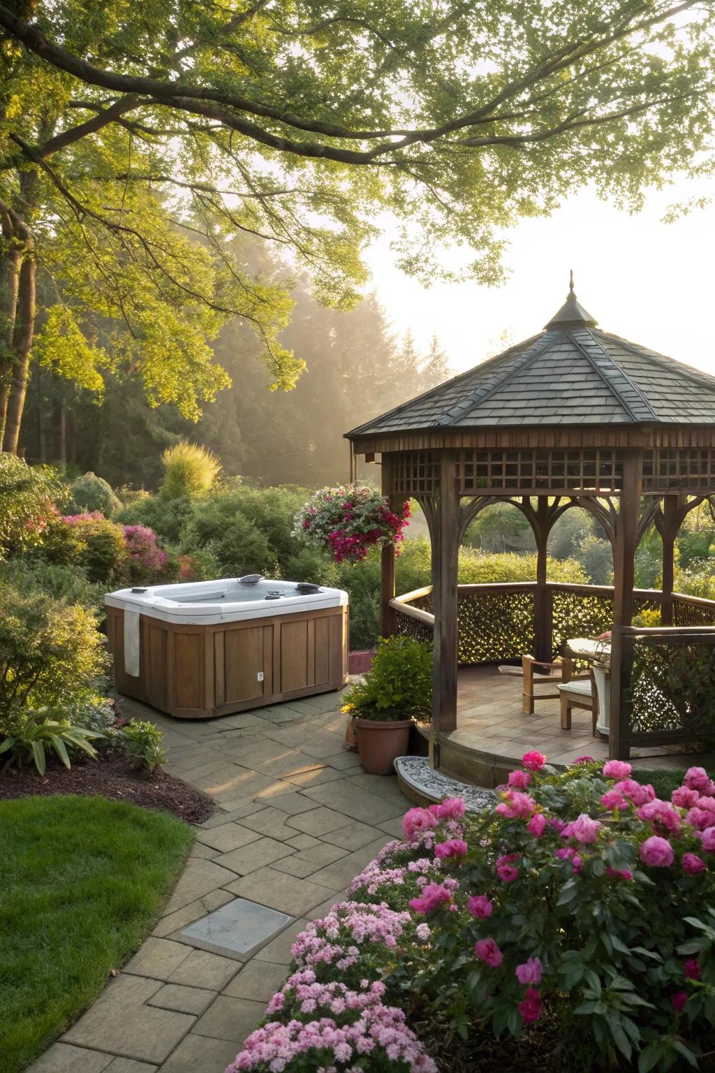 A gazebo harmoniously integrated with nature.