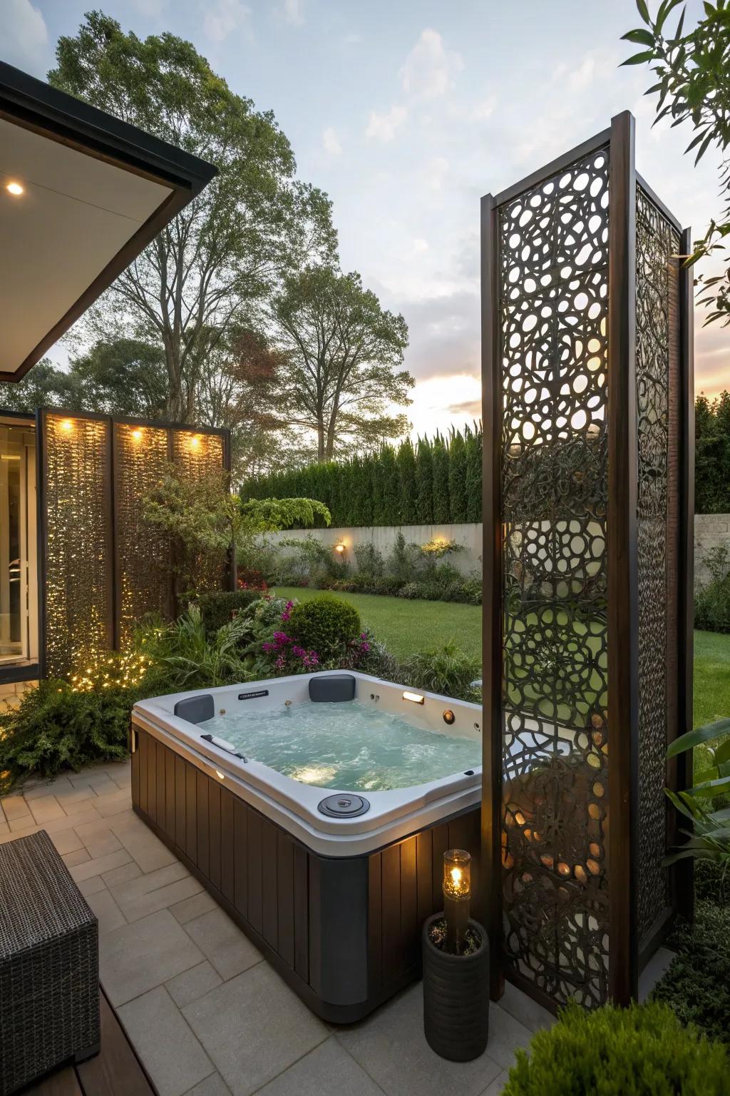 Privacy screens offer tranquility and seclusion for your hot tub area.