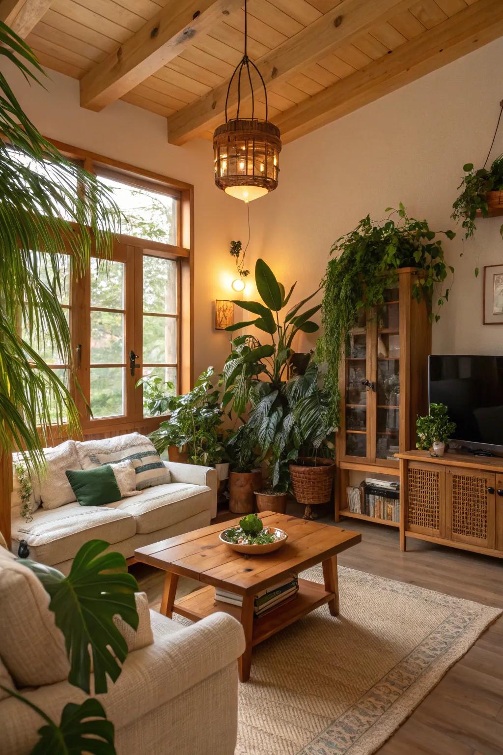 A calming living space with natural elements and greenery.