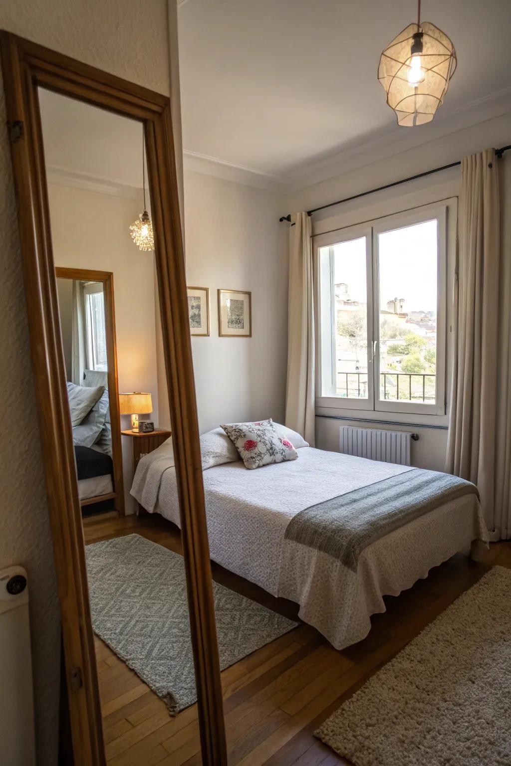 A large mirror in a small bedroom reflects light, enhancing the space's openness.