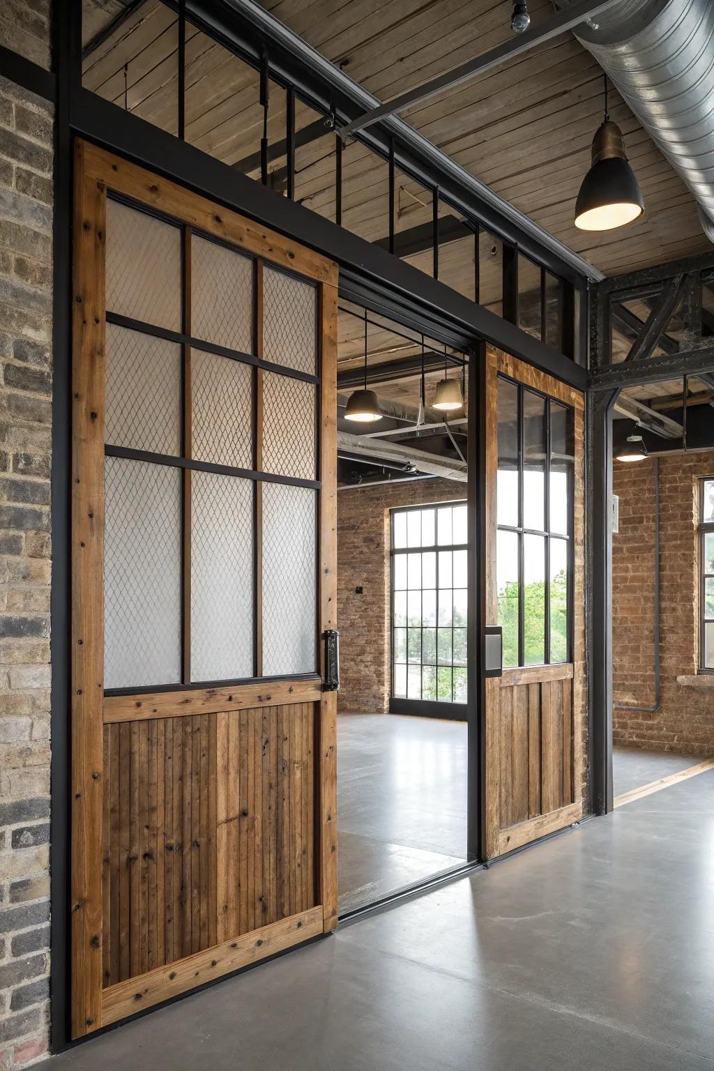 Mixed materials bring a modern and industrial look to French doors.