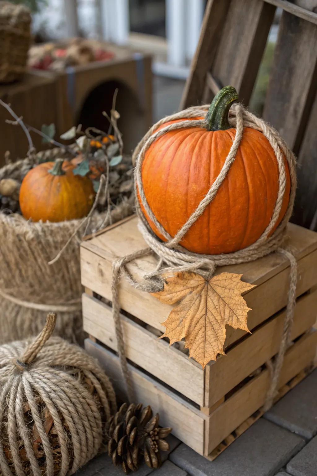 A rope-wrapped pumpkin that exudes rustic charm.