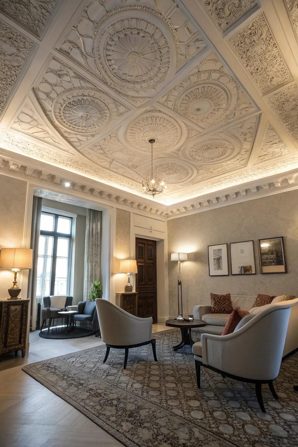 A stylish room featuring a beautifully textured plaster ceiling.