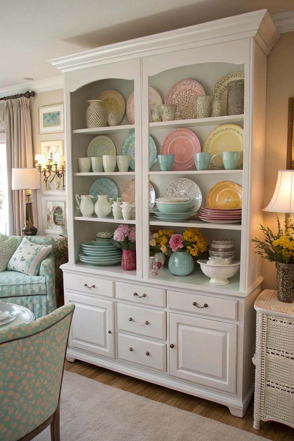 A color-coordinated display of china that complements the room's decor.