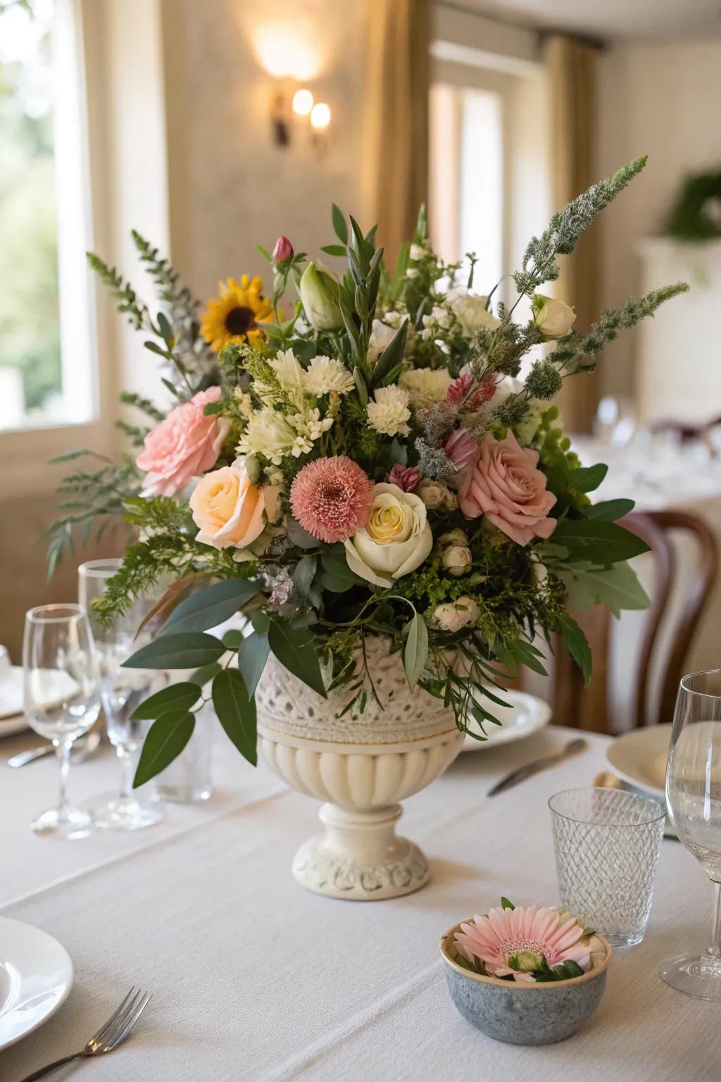 A textured arrangement with flowers and lush greenery.