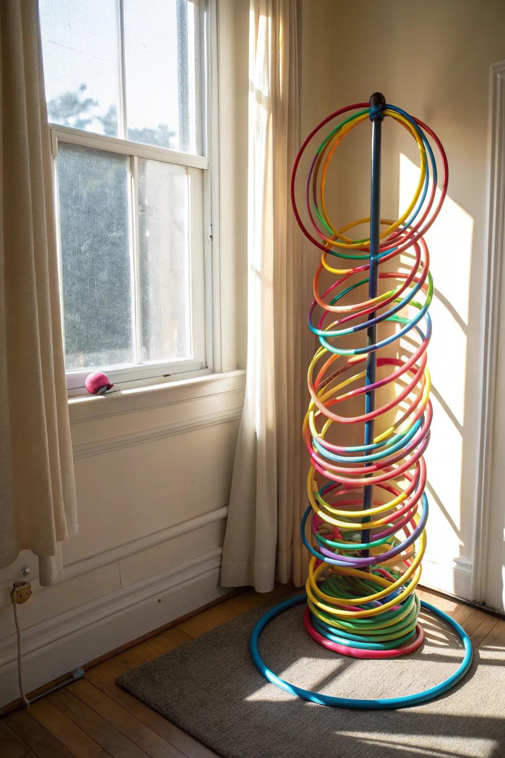 Hula hoops stacked neatly on a vertical rod, creating an organized and visually appealing corner display.